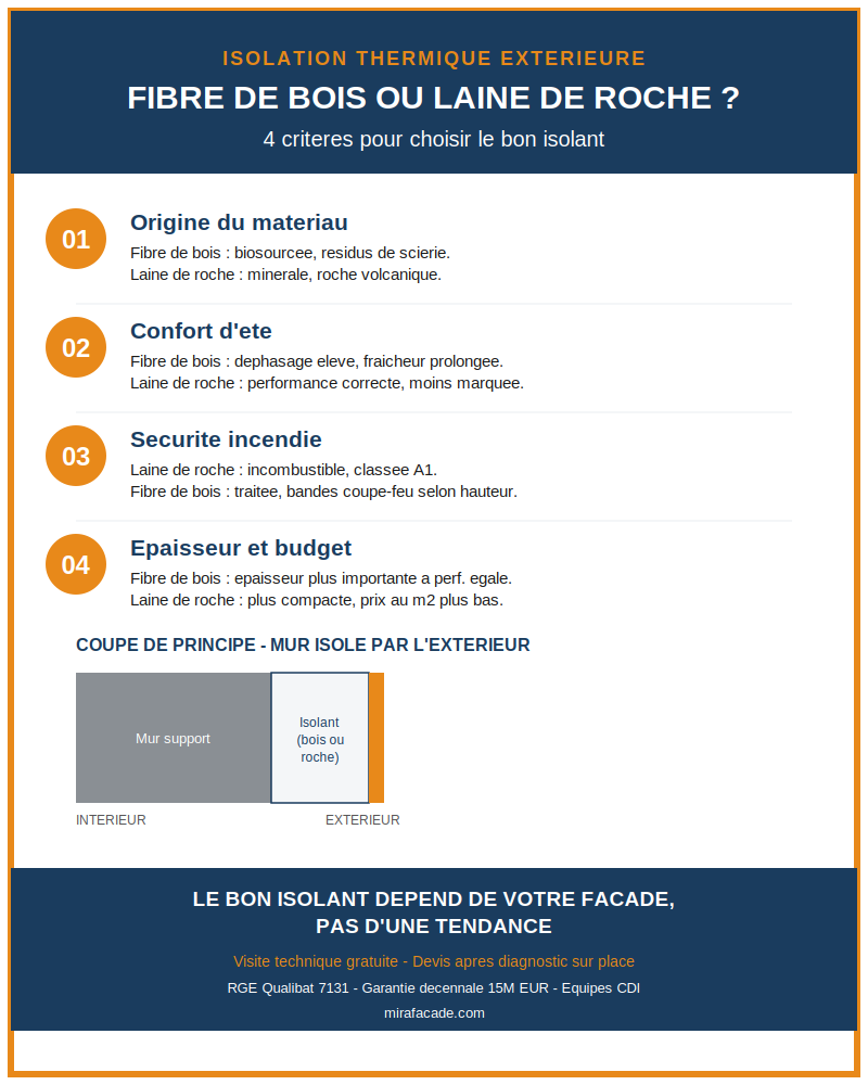 Infographie : 4 critères pour choisir entre fibre de bois ou laine de roche en isolation thermique extérieure