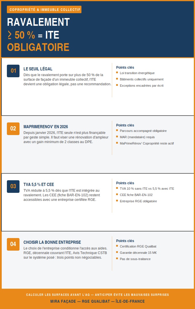 Infographie Mira Façade : ITE obligatoire en copropriété lors d'un ravalement à plus de 50%